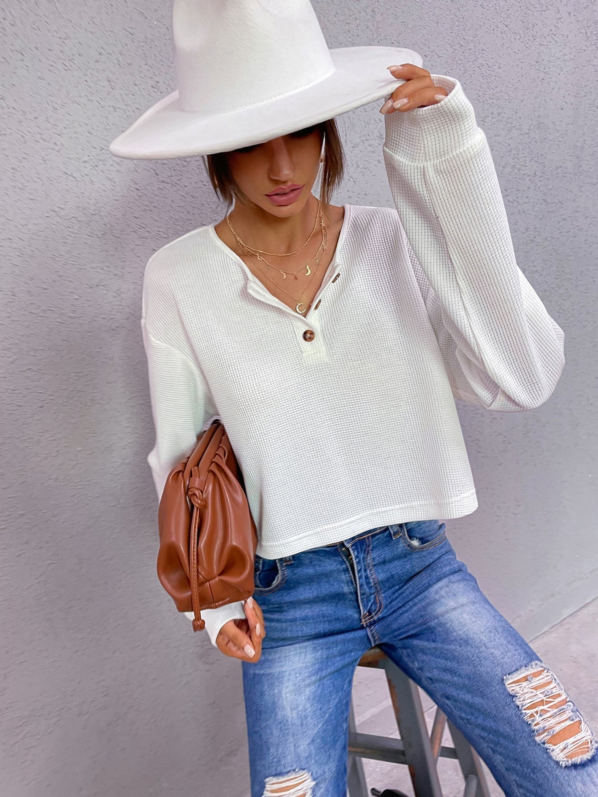 KittenAlarm - Women's Round/V Neck Waffle Knit Tops Casual Long Sleeve Pullover Sweater Shirt