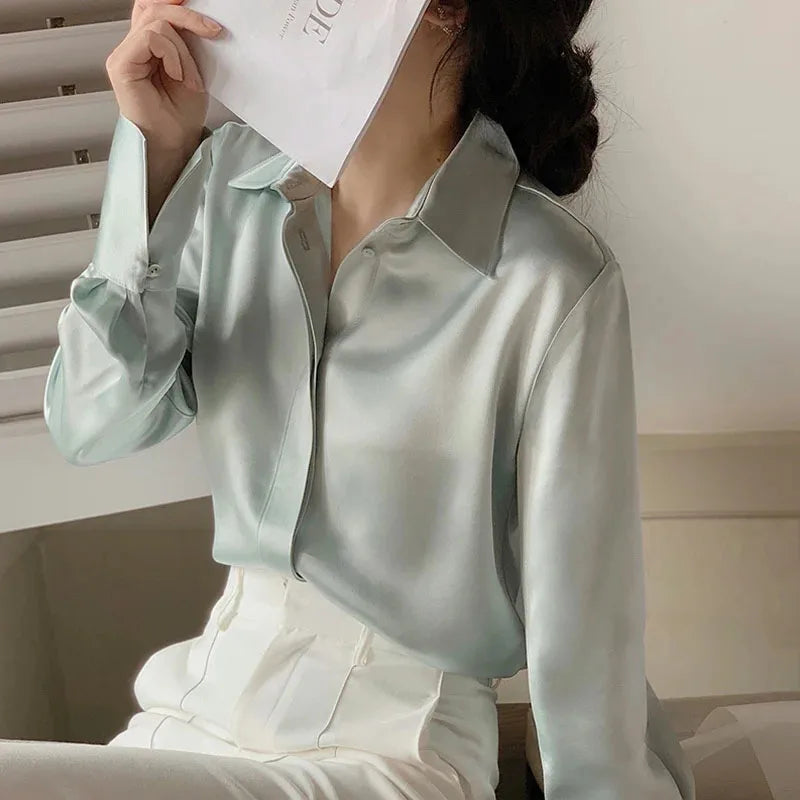Satin Long Sleeve French Style Office Lady Blouse