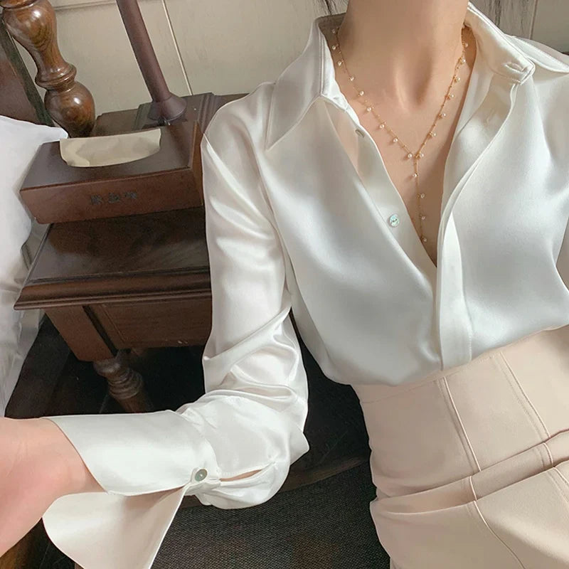 Satin Long Sleeve French Style Office Lady Blouse