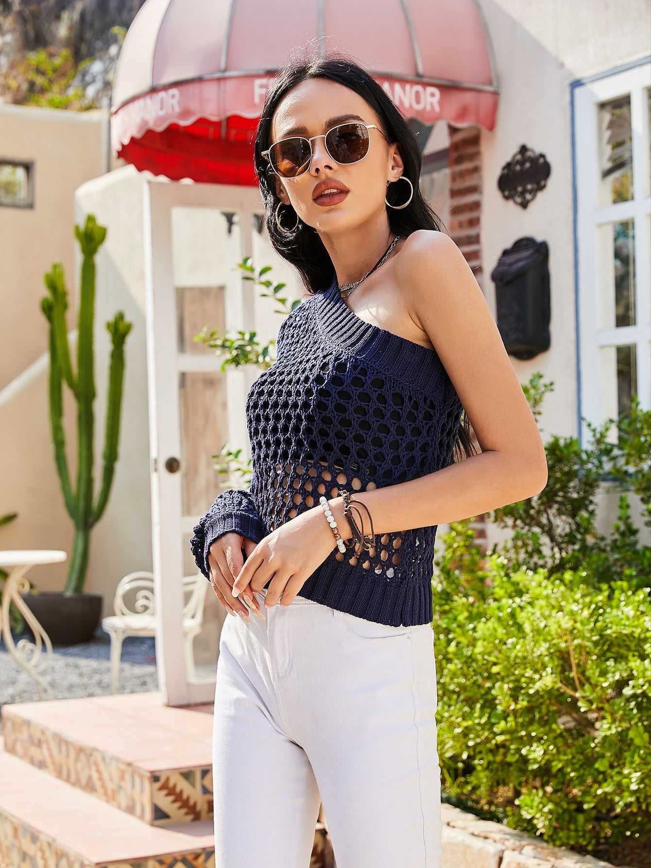 Women's Sexy Hollow Loose Blouse Top Pure Color Slanted Shoulder Single Sleeve Thin Knit - Fashionpara