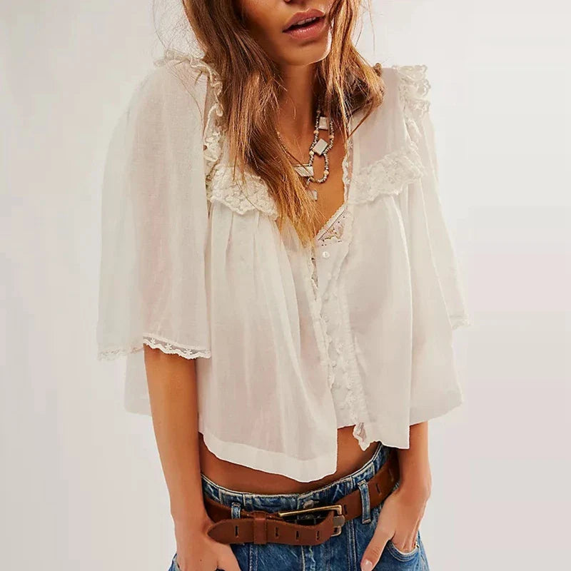 Low Cut Chiffon Ruffle Lace Trim Blouse