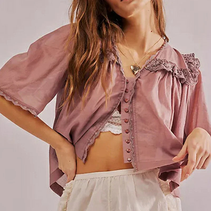 Low Cut Chiffon Ruffle Lace Trim Blouse