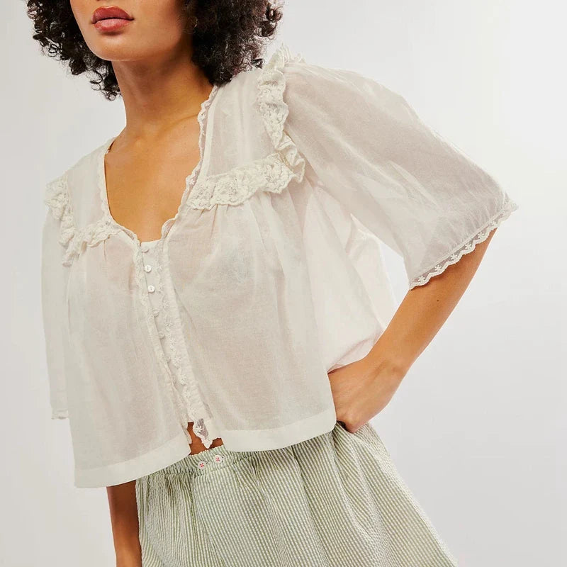 Low Cut Chiffon Ruffle Lace Trim Blouse