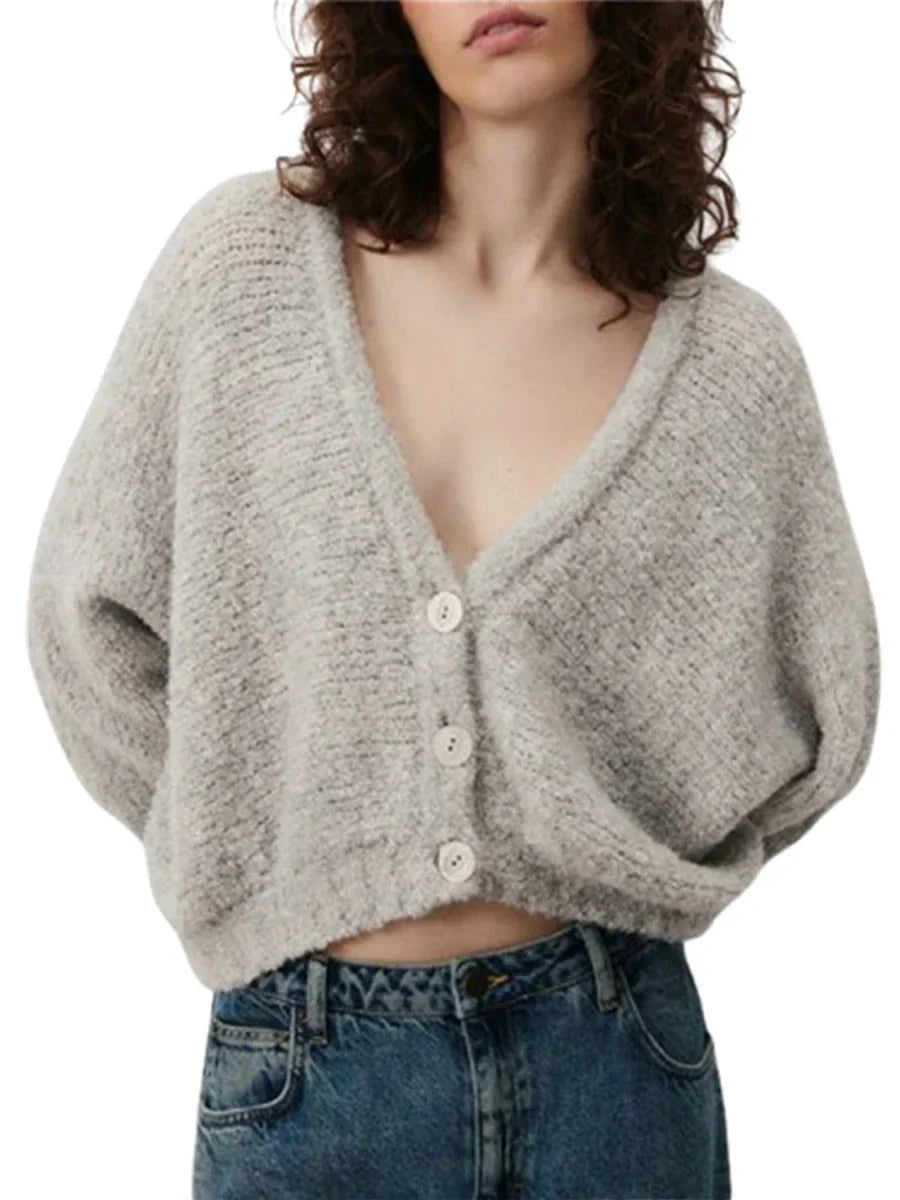 Fuzzy V-neck Button-front Cardigan