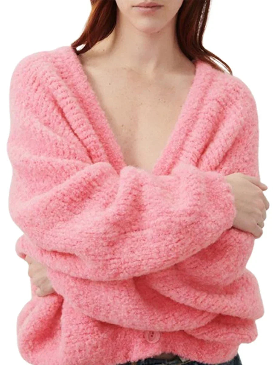 Fuzzy V-neck Button-front Cardigan
