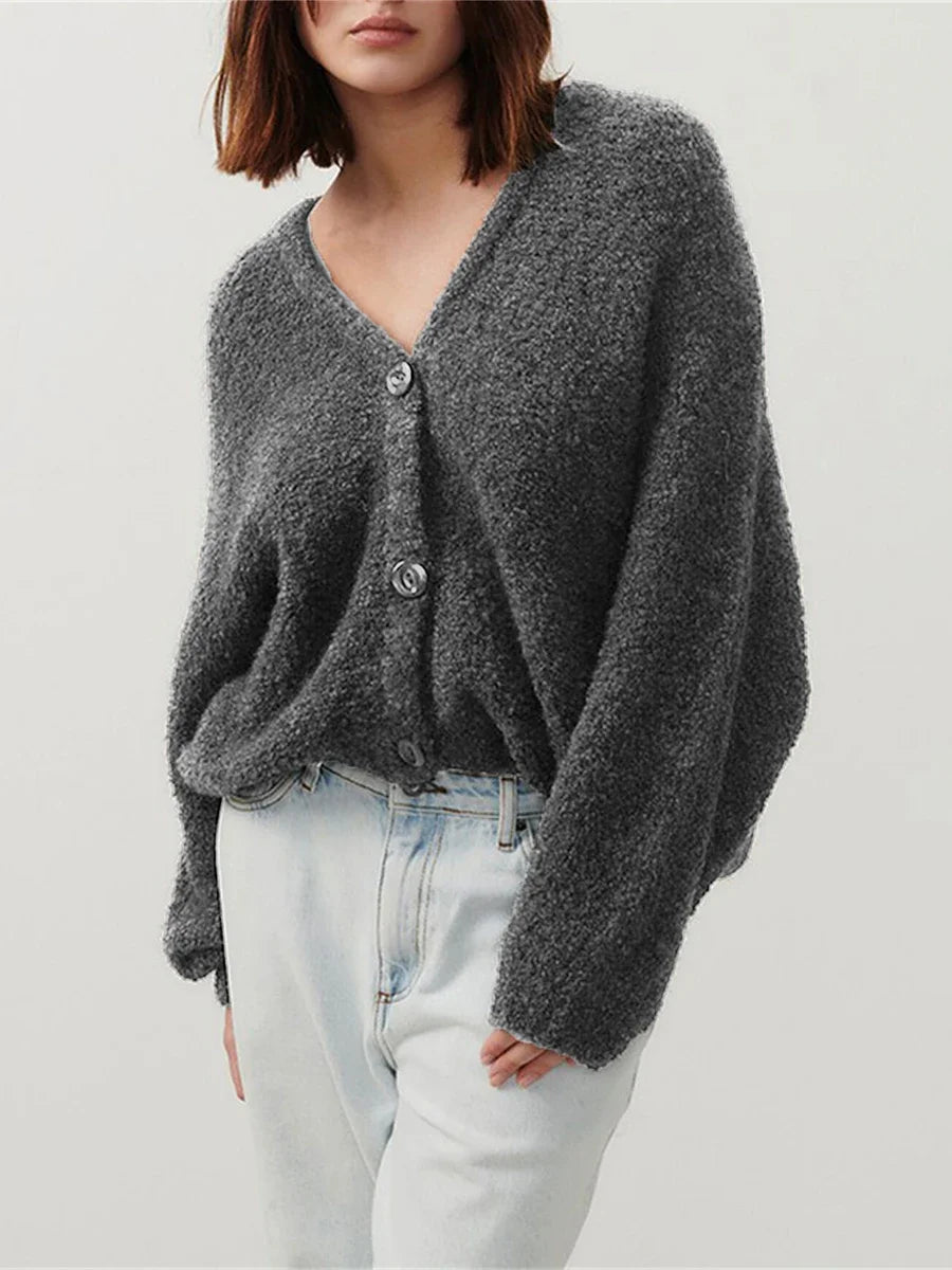 Fuzzy V-neck Button-front Cardigan