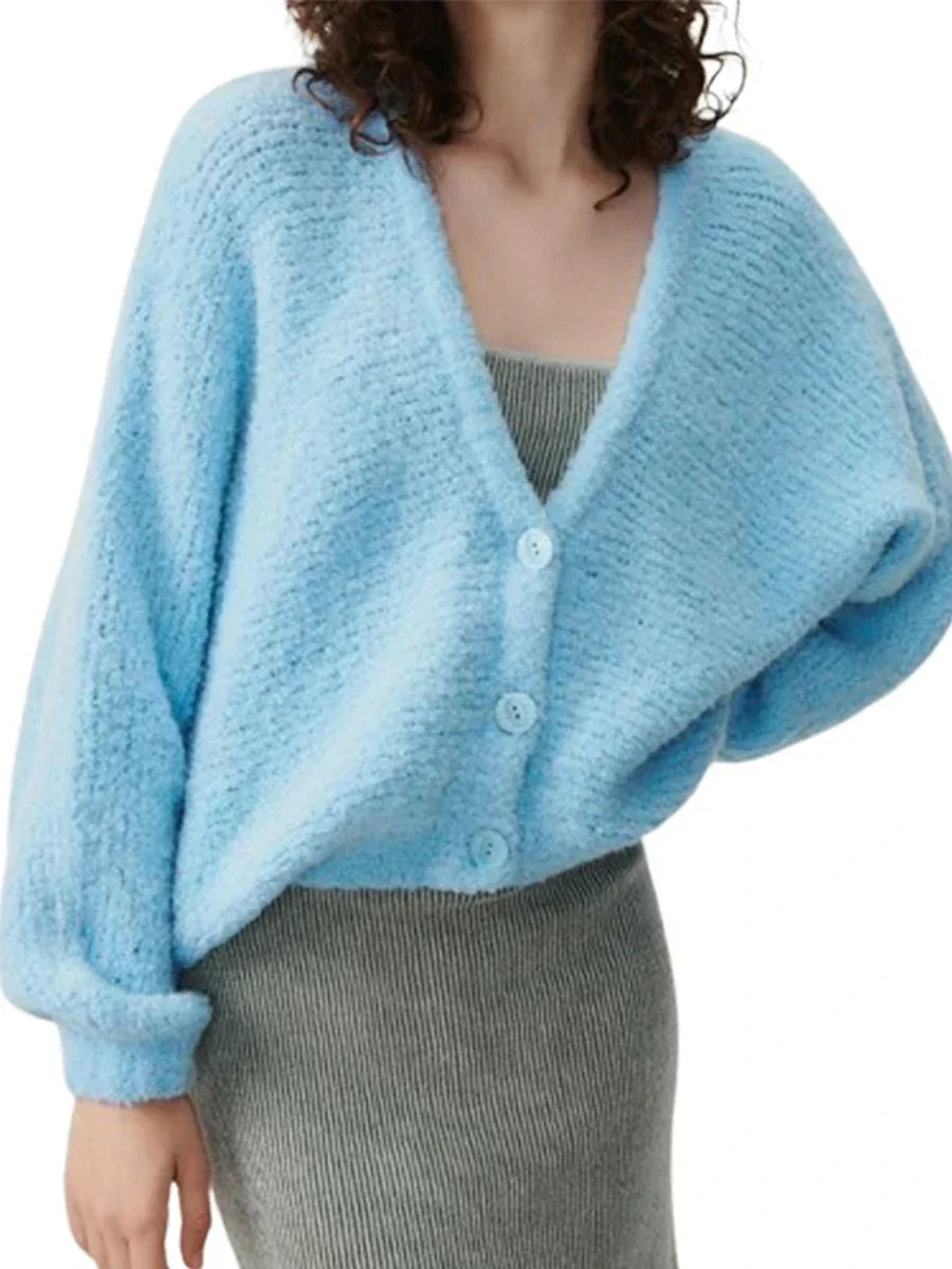 Fuzzy V-neck Button-front Cardigan