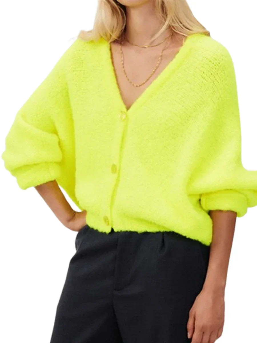 Fuzzy V-neck Button-front Cardigan