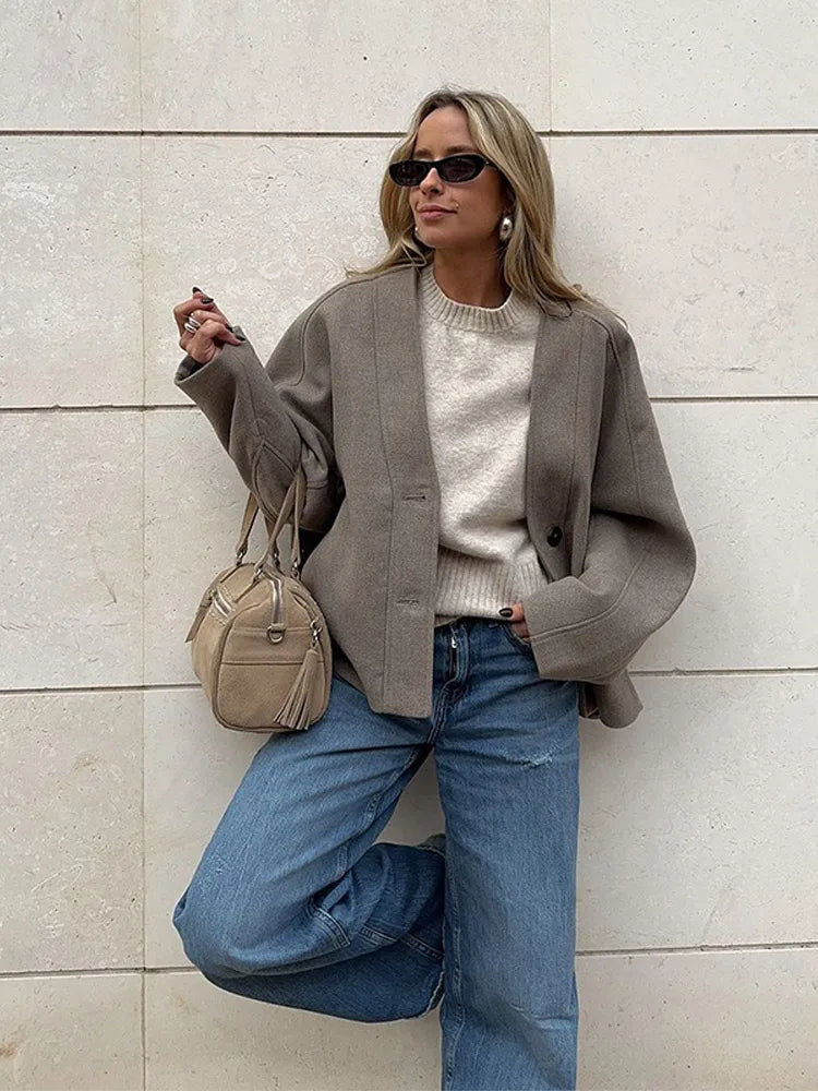 V-neck Single Breasted Wool Coat