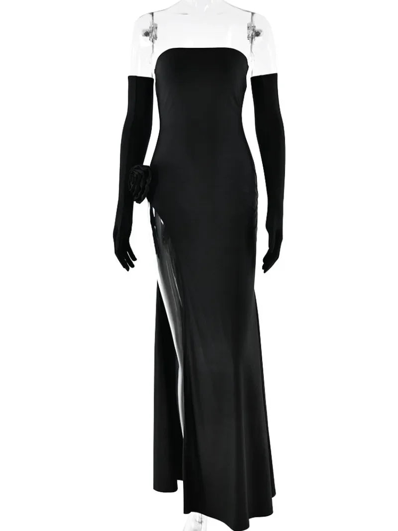 Red Christmas Party Dress - Strapless High Slit Maxi - Fashionpara