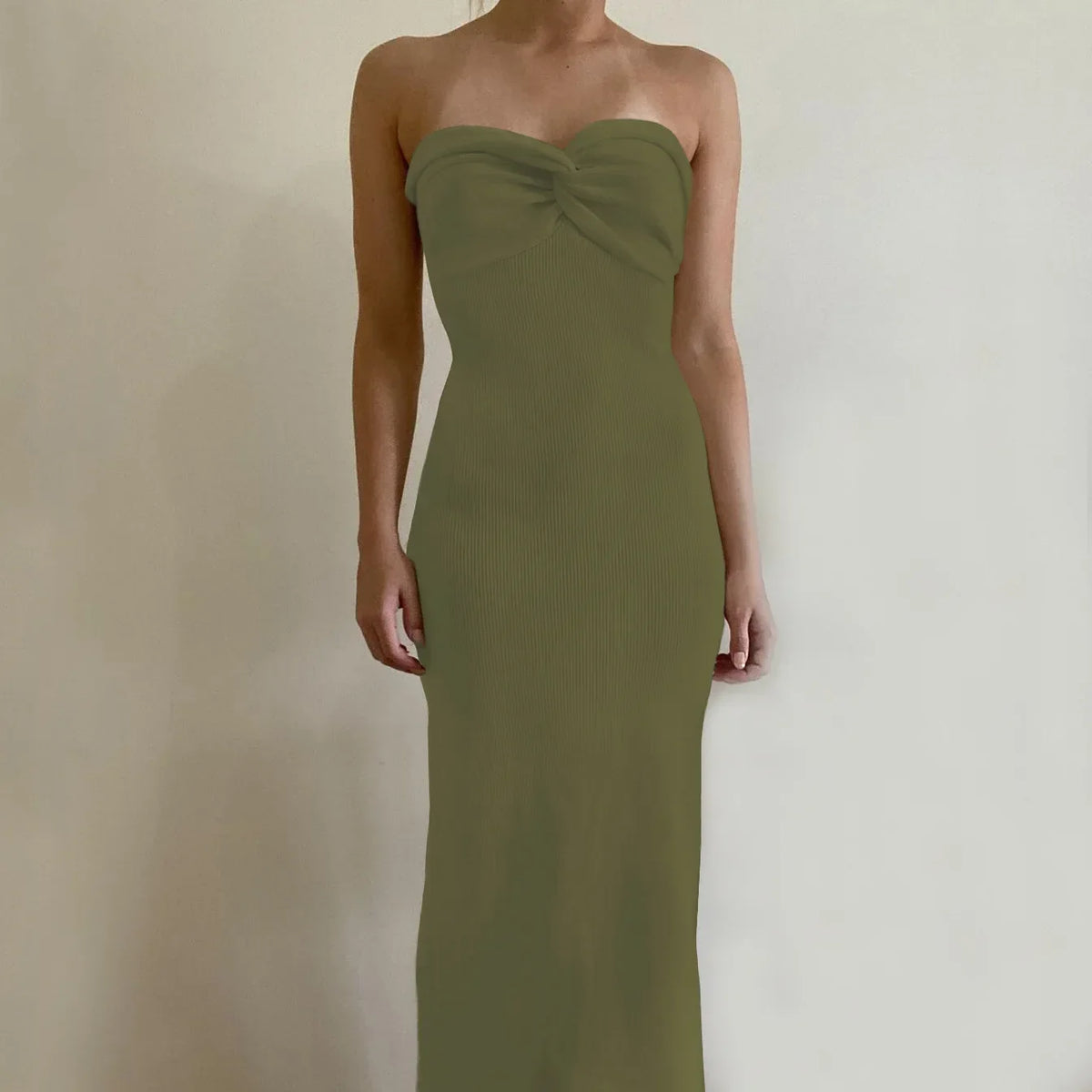 Ribbed Knit Strapless Twist-Front Bodycon Midi Dress 7