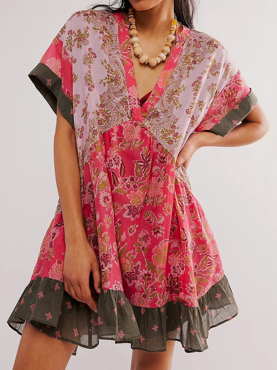 Summer Bohemian Babydoll Floral Print V-Neck Dress