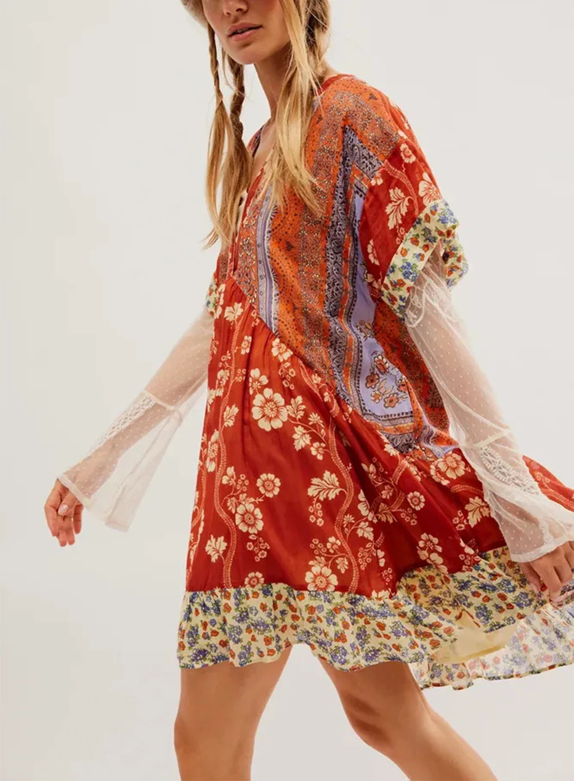 Summer Bohemian Babydoll Floral Print V-Neck Dress