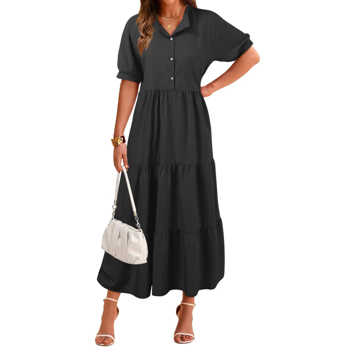 Shirt Collar Button Front Tiered Puff Sleeve Maxi Summer Dress - View 2