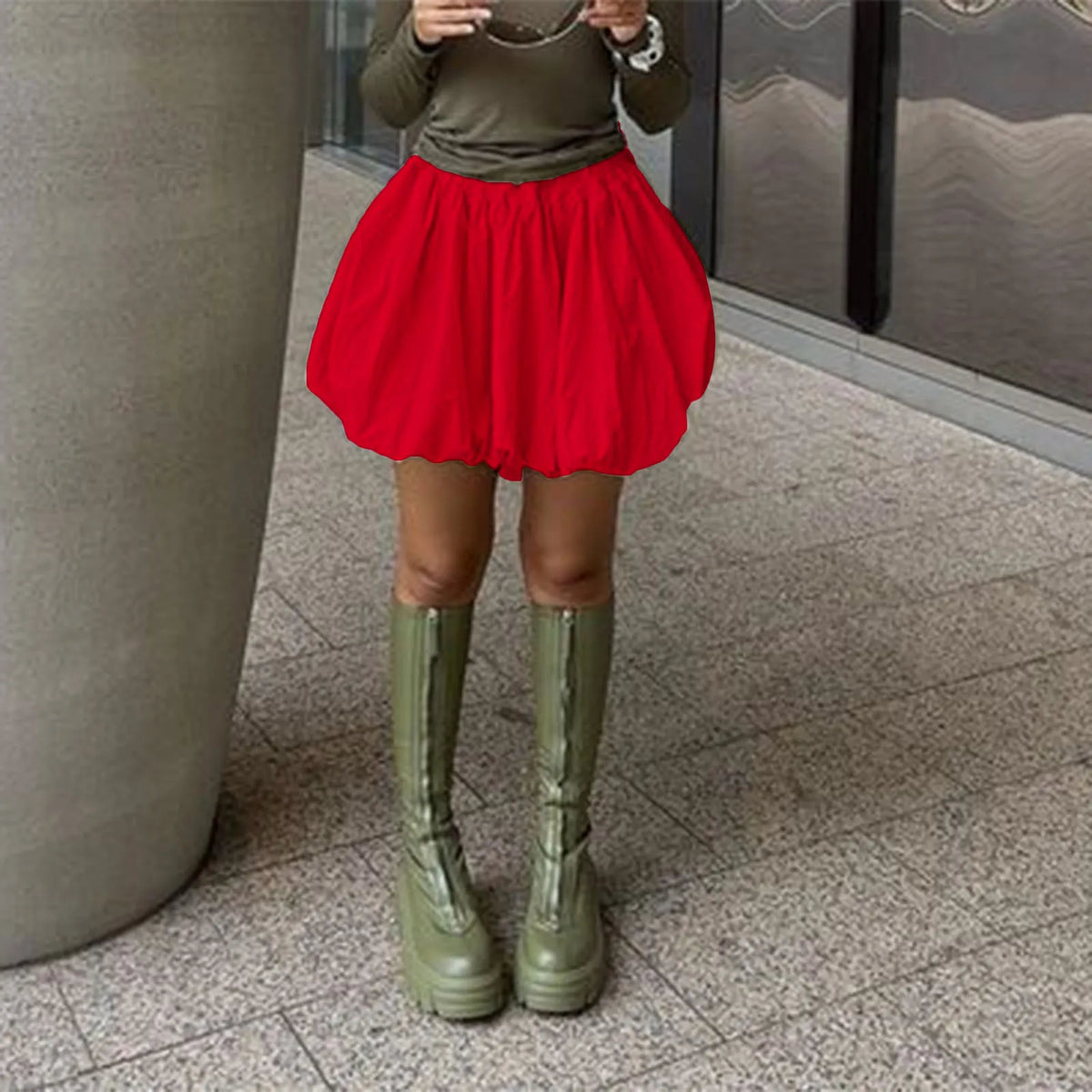 Lantern Puffball Elastic Skirt Red / S skirts-250223