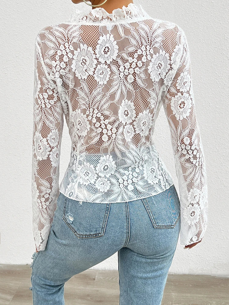 Lace See-Through Sexy Long Sleeve Blouse