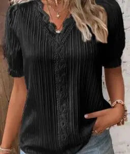 Solid Sexy V-neck Splice Short Sleeve Blouse