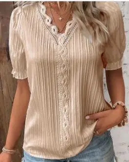 Solid Sexy V-neck Splice Short Sleeve Blouse