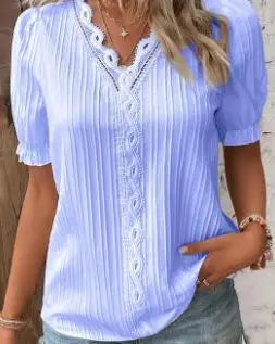 Solid Sexy V-neck Splice Short Sleeve Blouse
