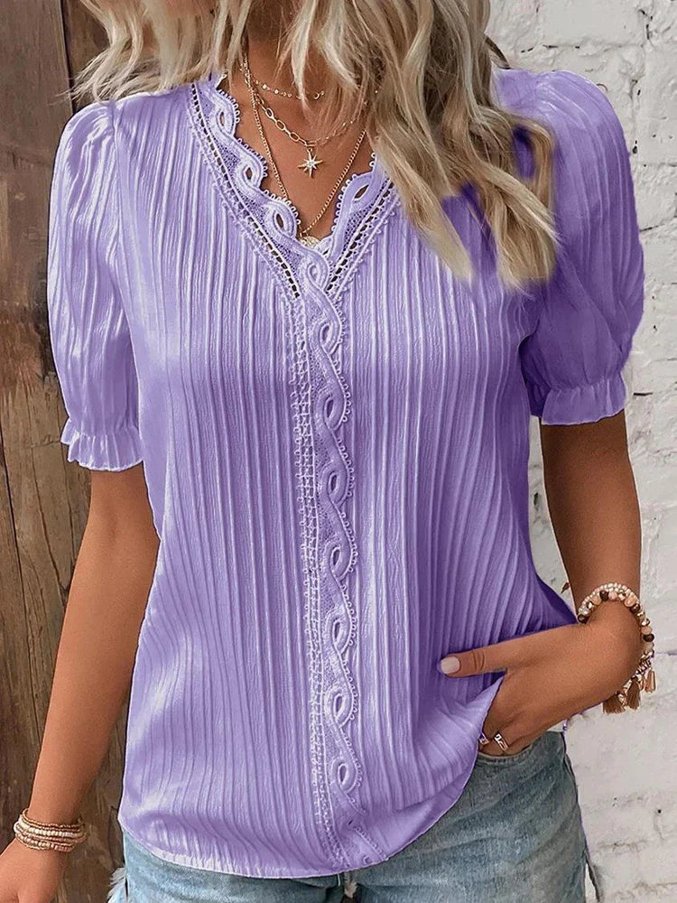 Solid Sexy V-neck Splice Short Sleeve Blouse