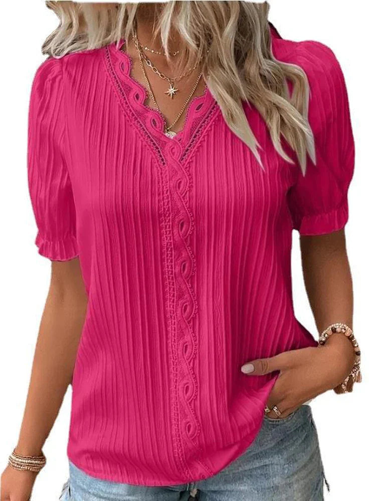 Solid Sexy V-neck Splice Short Sleeve Blouse