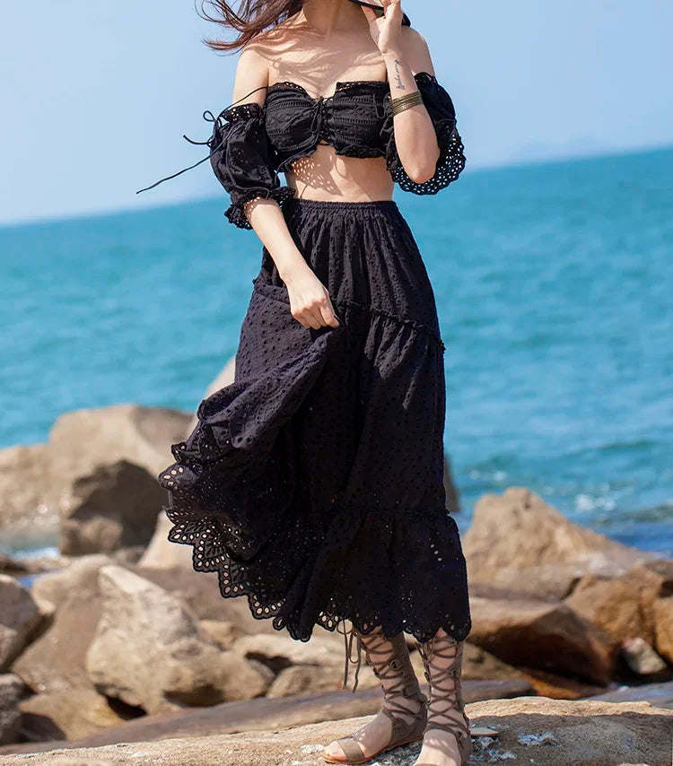 Women's Summer Cotton Full Lace Midi Skirt A-line Boho Vacation