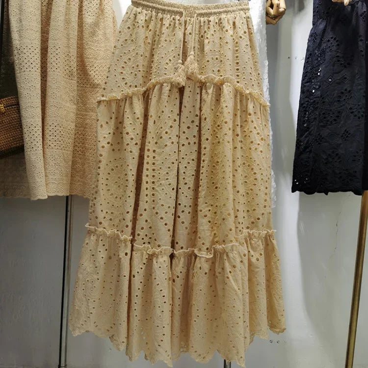 Women's Summer Cotton Full Lace Midi Skirt A-line Boho Vacation