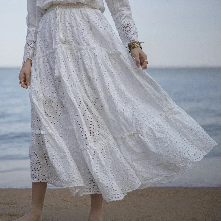Women's Summer Cotton Full Lace Midi Skirt A-line Boho Vacation