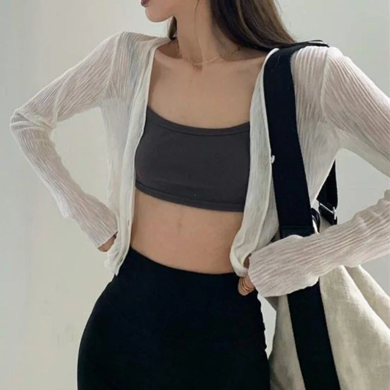 V-Neck Thin Long Sleeve Sunscreen Casual Black White Cardigan