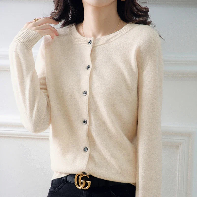 Short Slim O-Neck Single Breasted Gold Camel Knit Cardigan