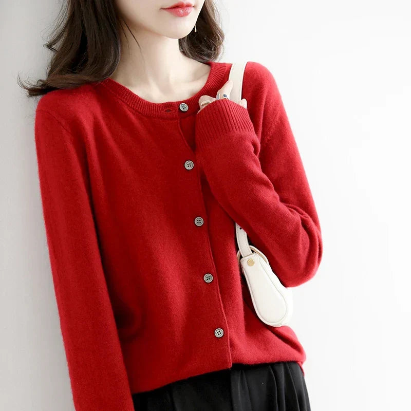 Short Slim O-Neck Single Breasted Gold Camel Knit Cardigan Burgundy / S cardiagn-250126