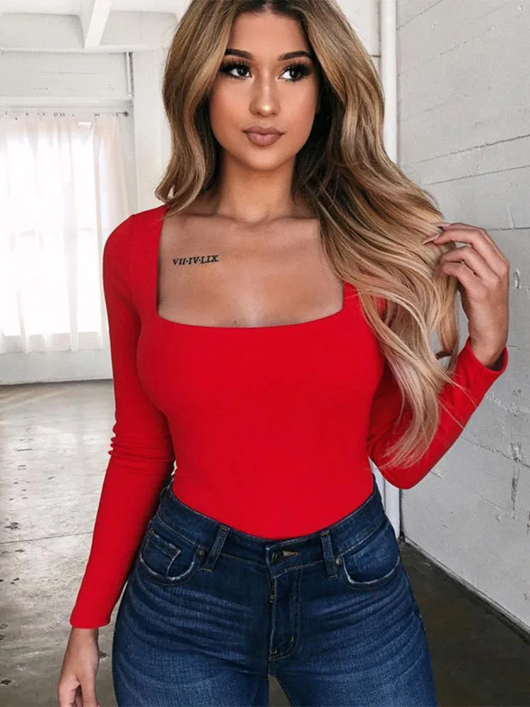 Solid Square Neck Long Sleeve Slim Fit Knit Top - Fashionpara