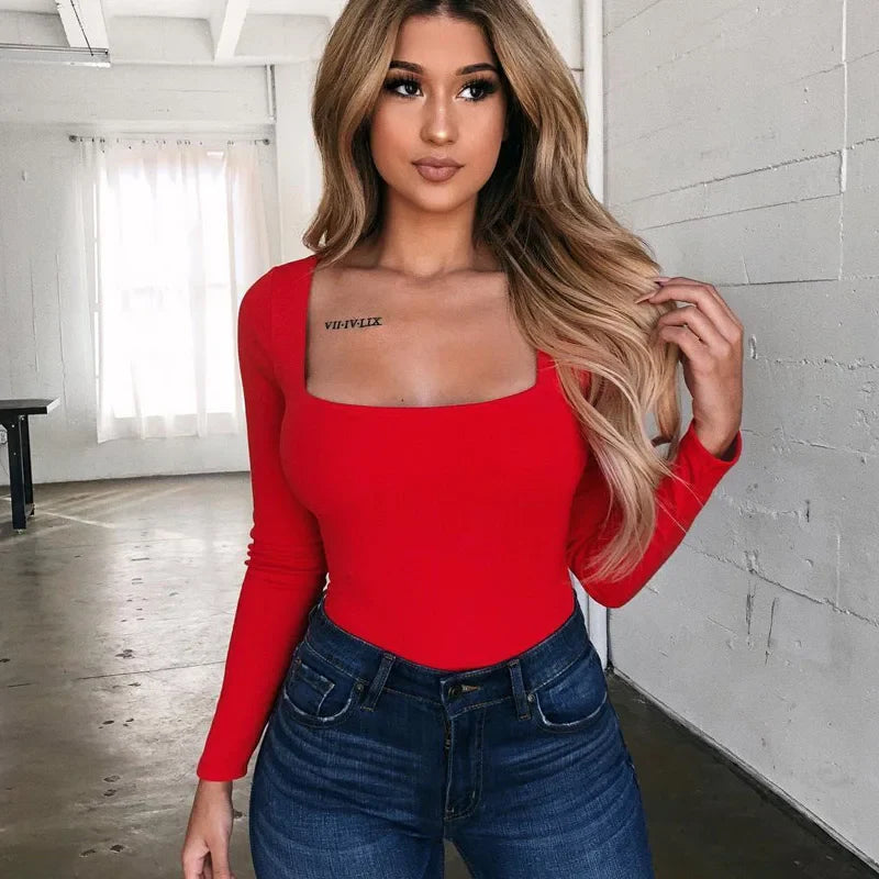 Solid Square Neck Long Sleeve Slim Fit Knit Top - Fashionpara