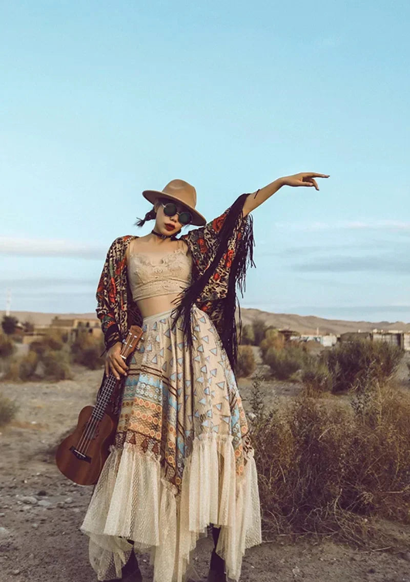 Bohemian Colorful Embroidery Lace Ruffles Asymmetrical Skirt