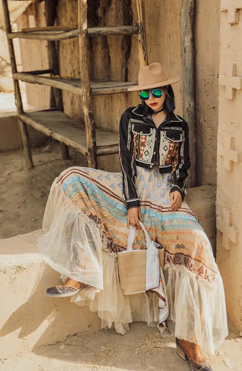 Bohemian Colorful Embroidery Lace Ruffles Asymmetrical Skirt