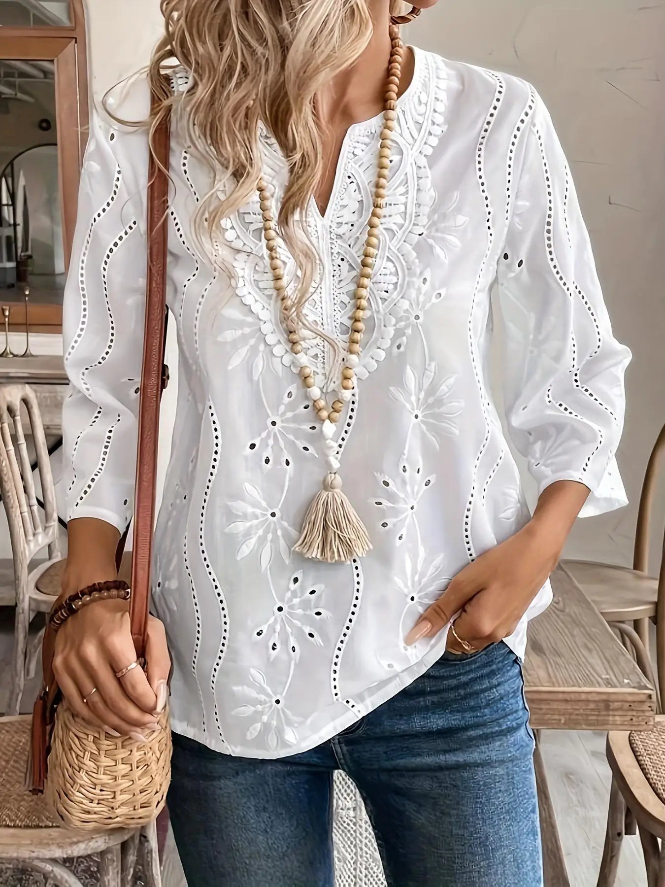 Casual Loose V-neck Lace Splicing White Blouse