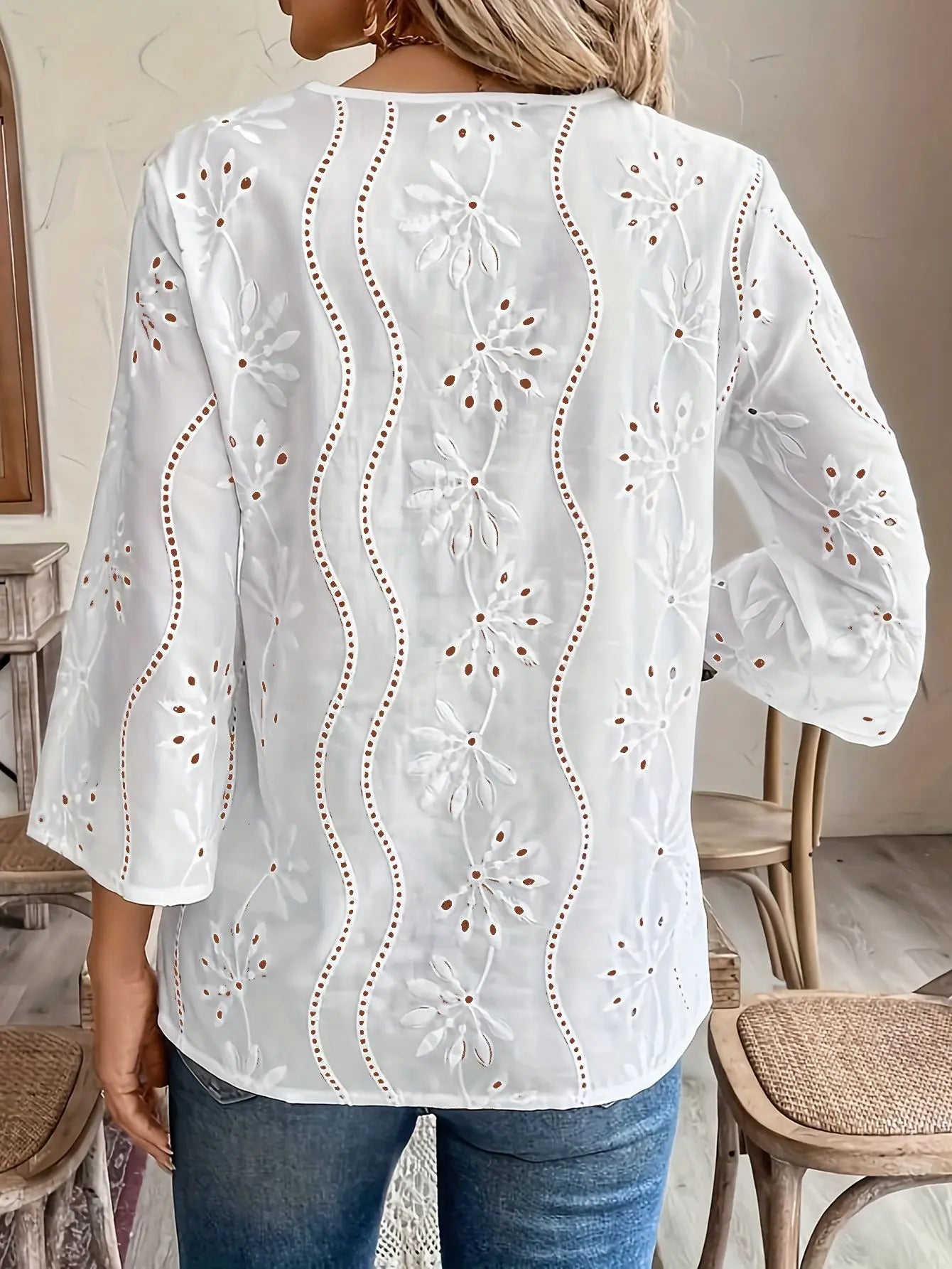 Casual Loose V-neck Lace Splicing White Blouse