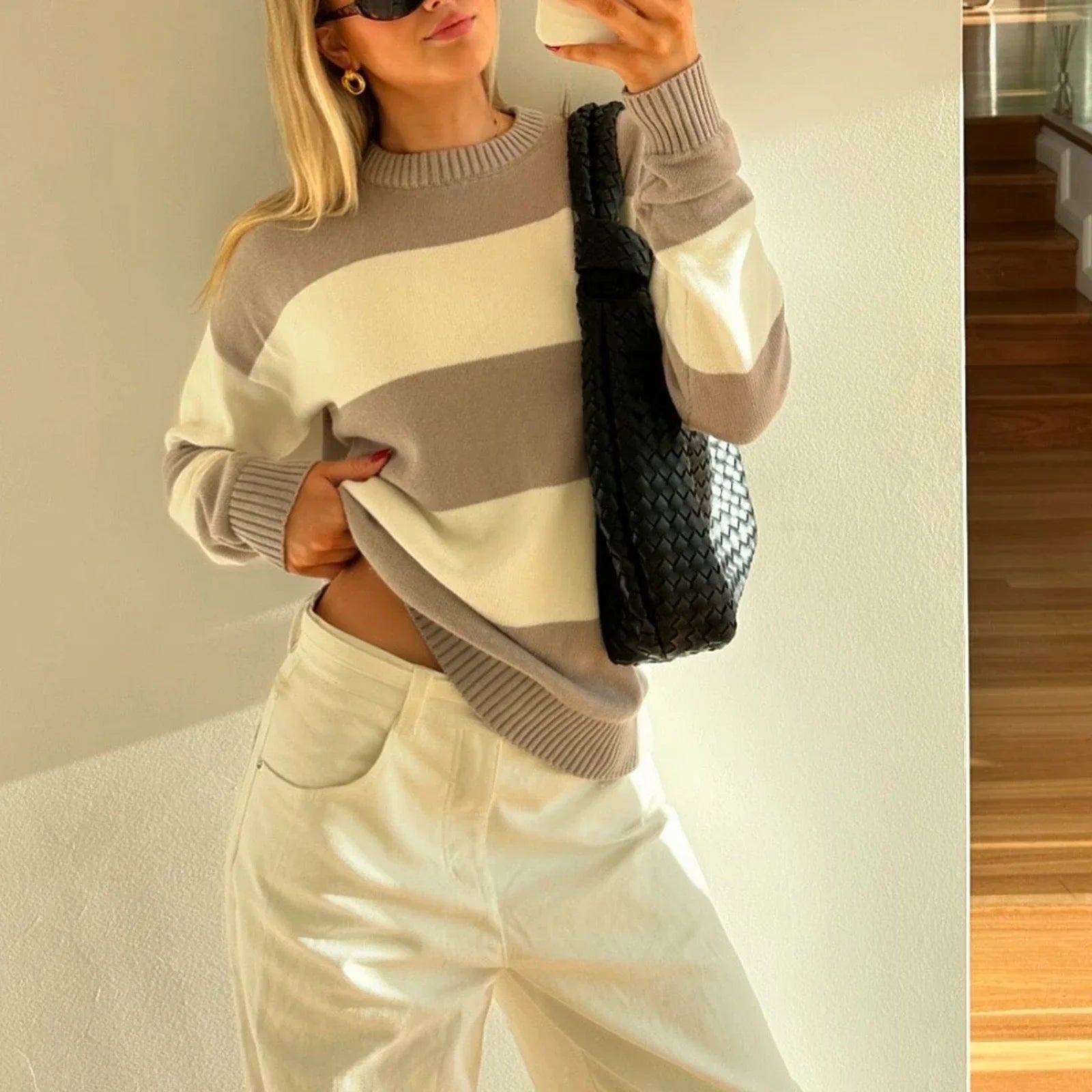 Y2K Autumn Loose Fit Stripe Print Color Block Knit Top