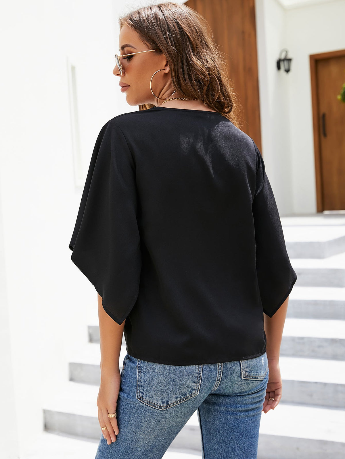 KittenAlarm - Women's bat sleeves shirt Solid five-point sleeves middle-sleeve shirt