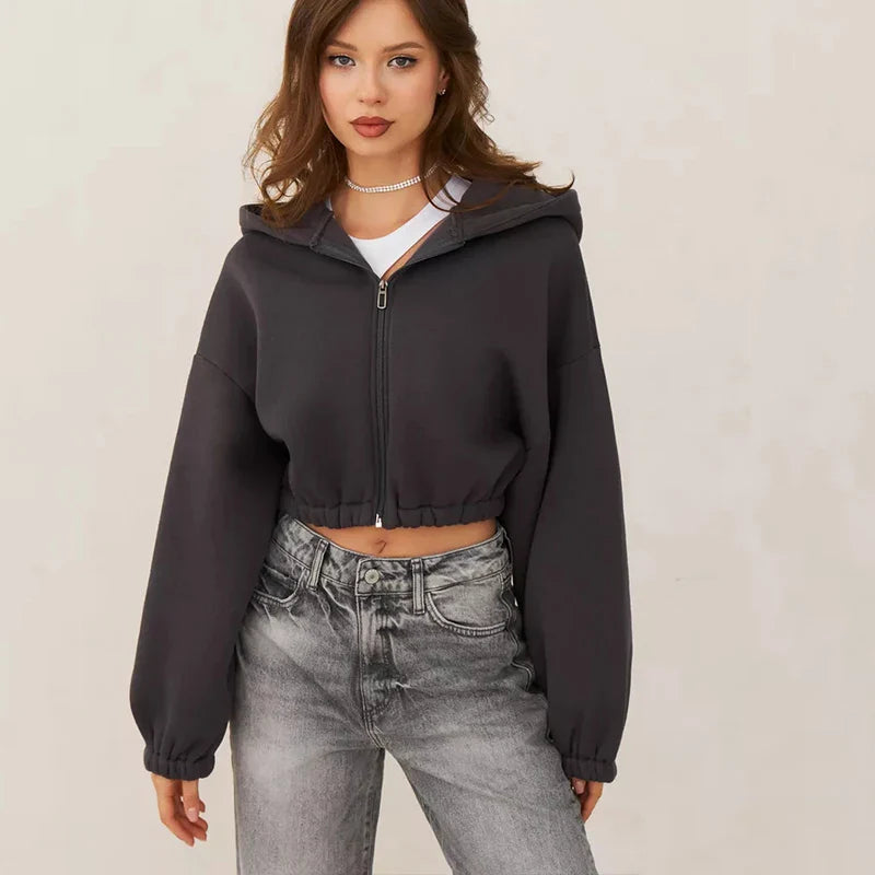 Fashion Zipper Cropped Solid Color Long Sleeve Hoodie - Fashionpara