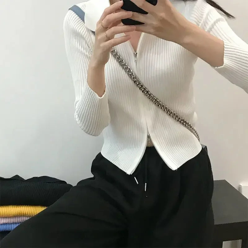 Slim Fit Polo Collar Double-Headed Zipper Knitted Cardigan White / One Size cardiagn-250126