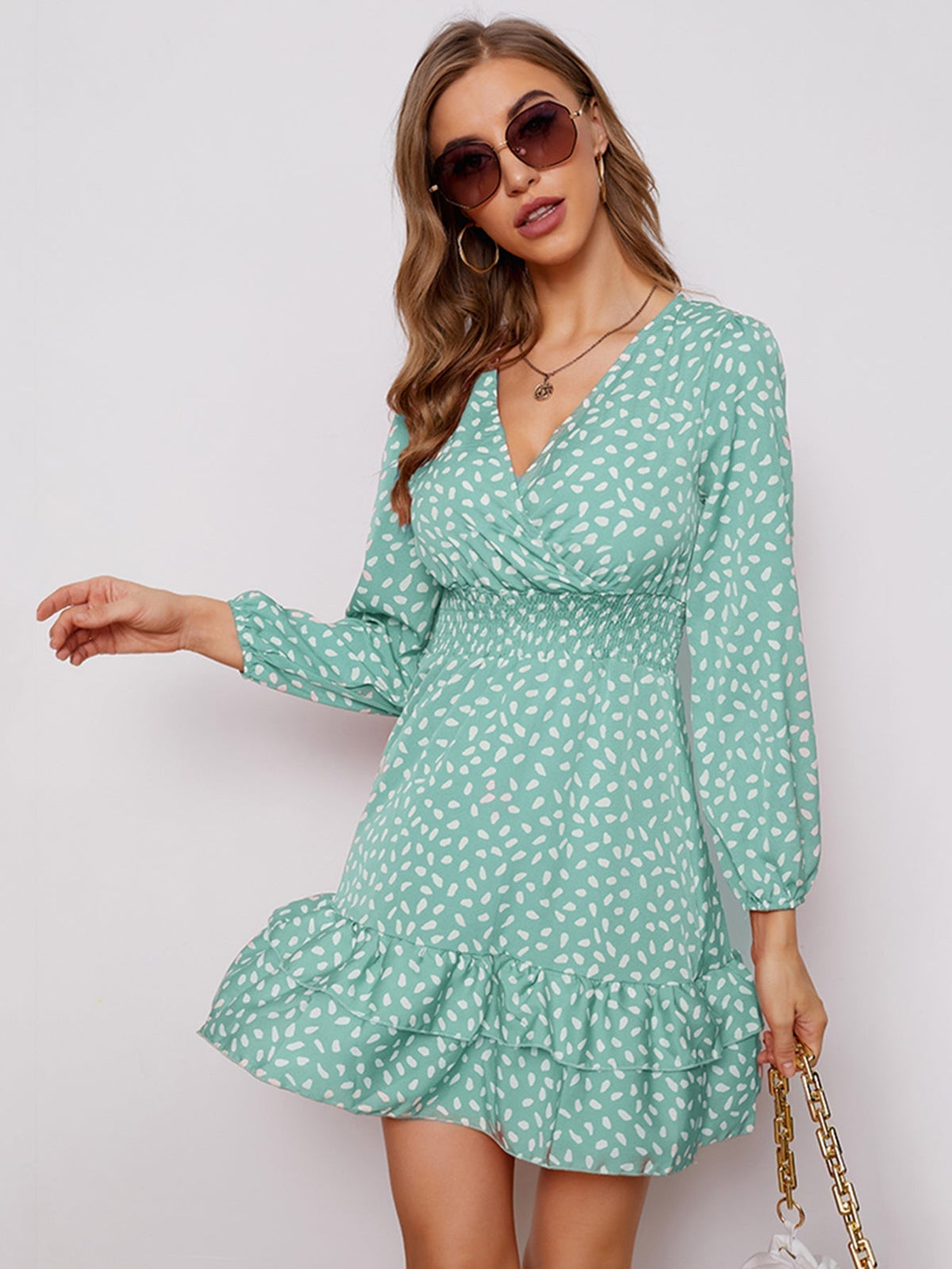 KittenAlarm - Women's sexy v-neck bubble long sleeve small floral dress