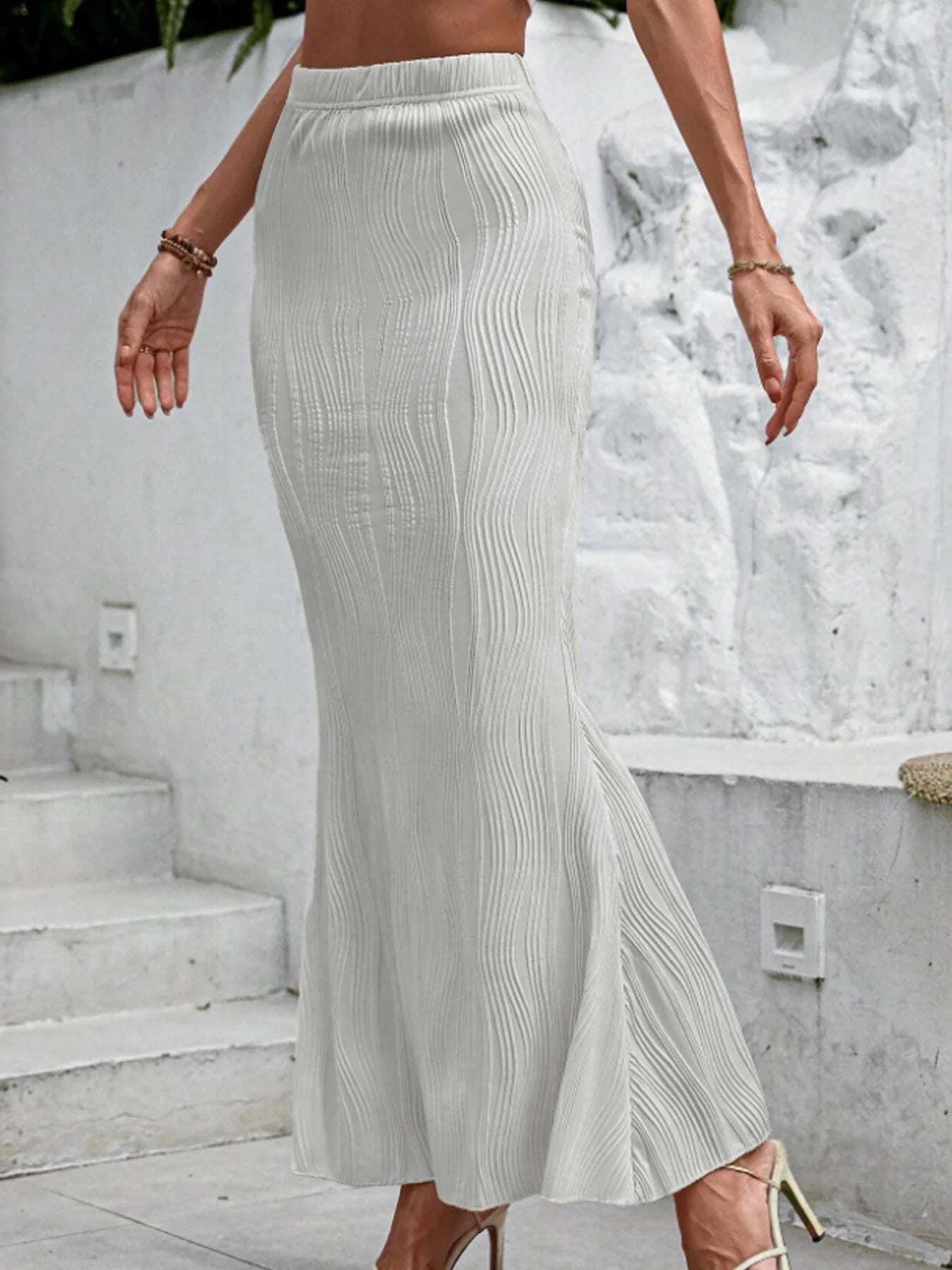 Elegant Textured Fishtail Elastic Party Ball Dress Skirt - Fashionpara