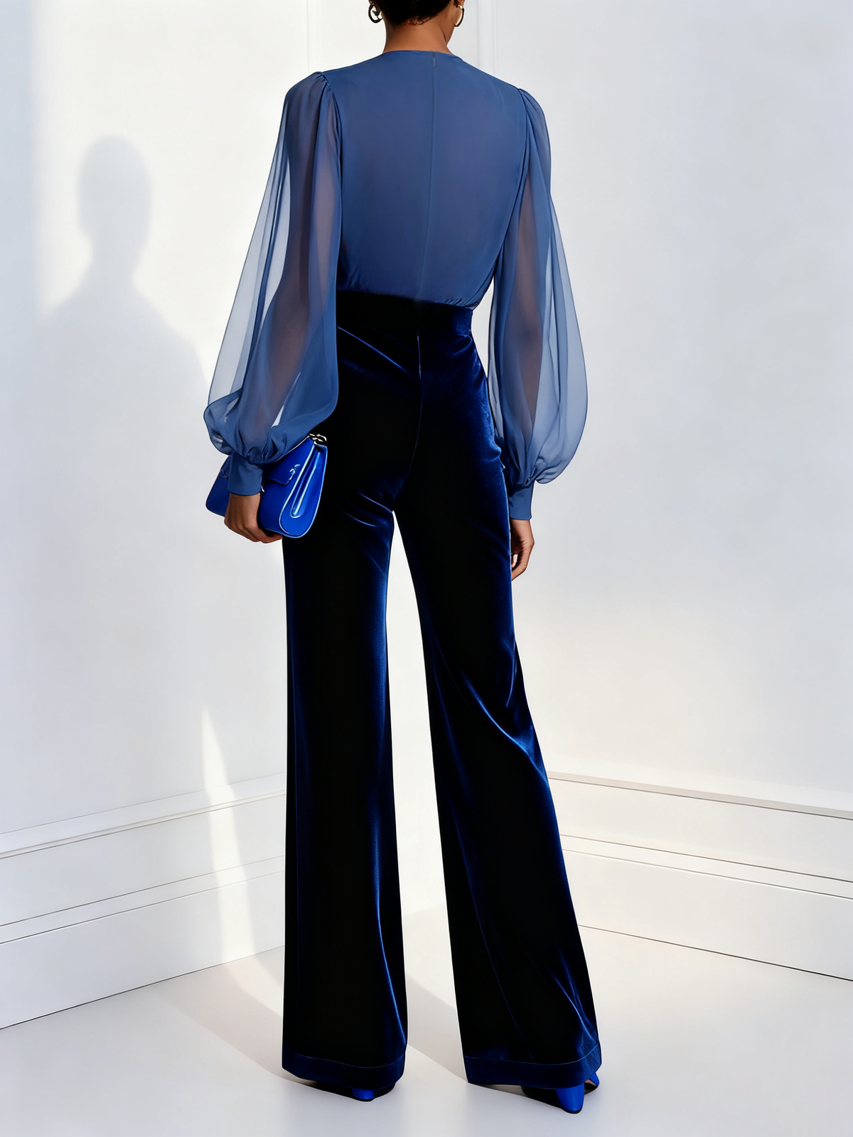 V-Neck Sheer Long Sleeve Velvet Wide Leg Jumpsuit 2