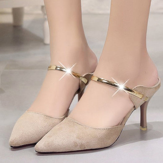 Metallic Ankle Straps Pointed Toe Stiletto Heel Shoes - Mislish