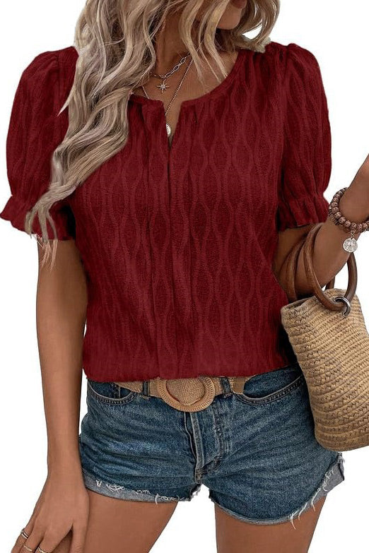 Women's Casual V-neck Puff Sleeves T-shirt