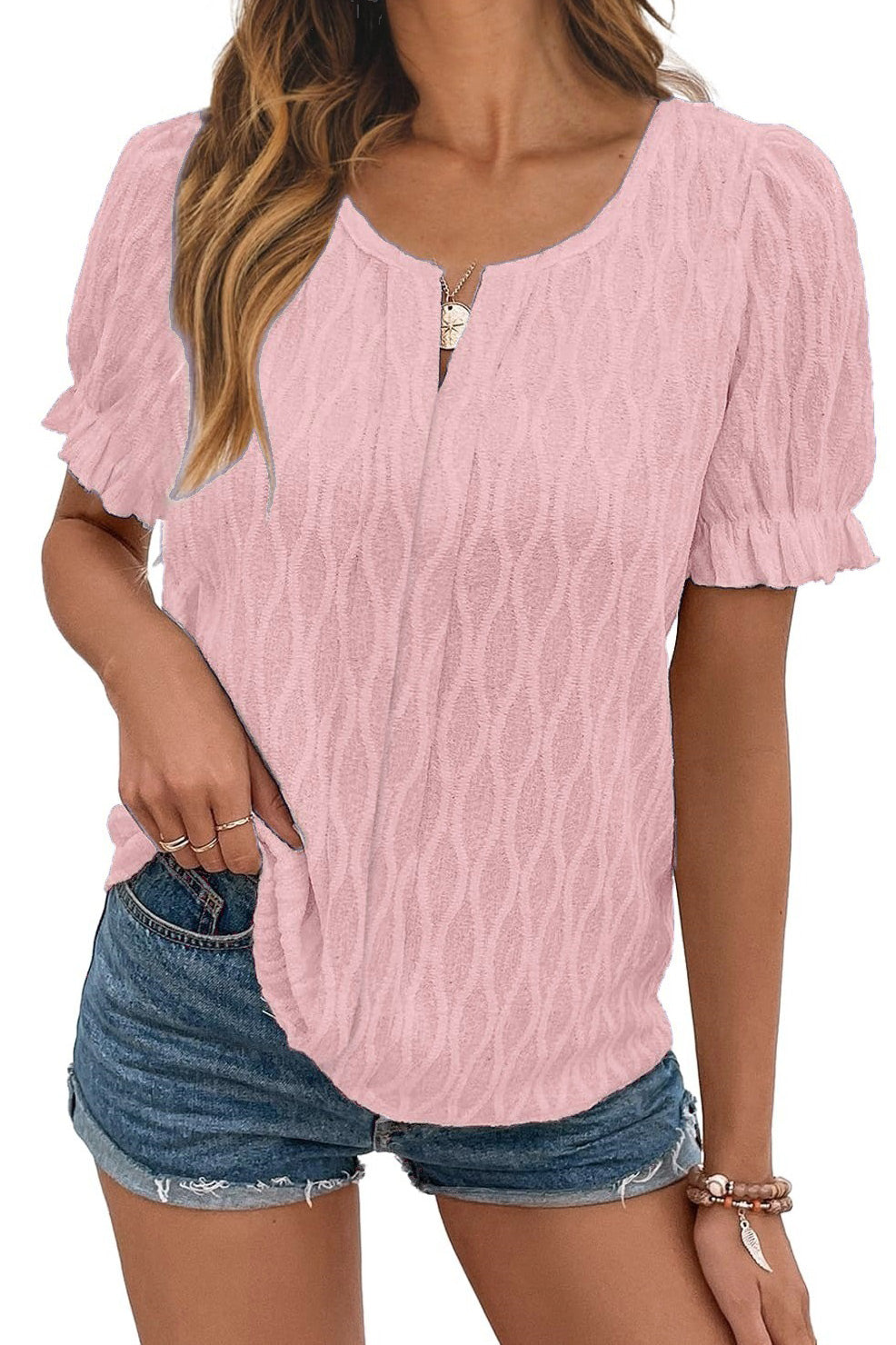 Women's Casual V-neck Puff Sleeves T-shirt