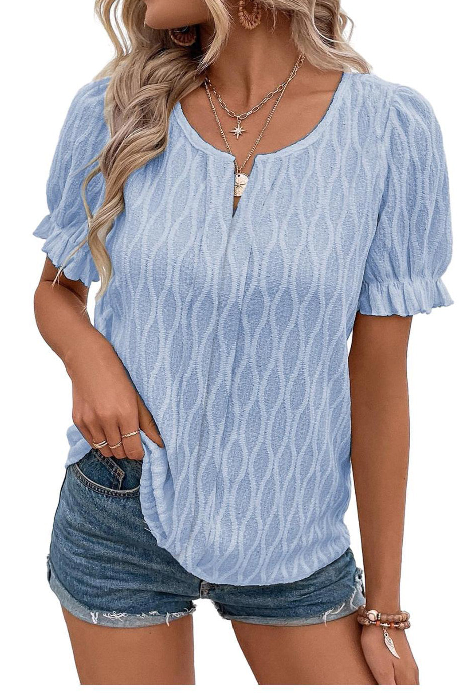 Women's Casual V-neck Puff Sleeves T-shirt