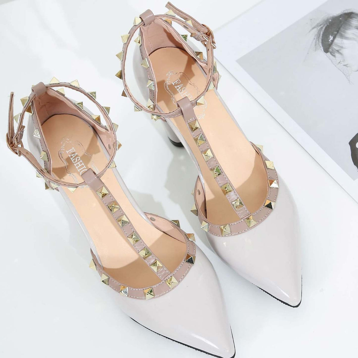 Chunky Heel T-Strap Closed Toe Pumps With Rivet - Mislish