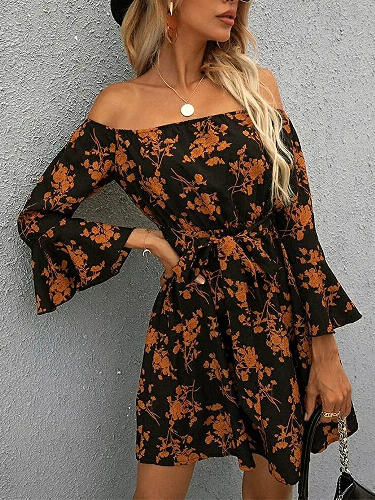 Floral Off Shoulder Bell Sleeve Tie Waist A-Line Mini Dress
